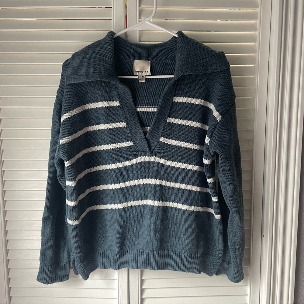 Nautical Blue and White V-Neck Sweater with Stripes